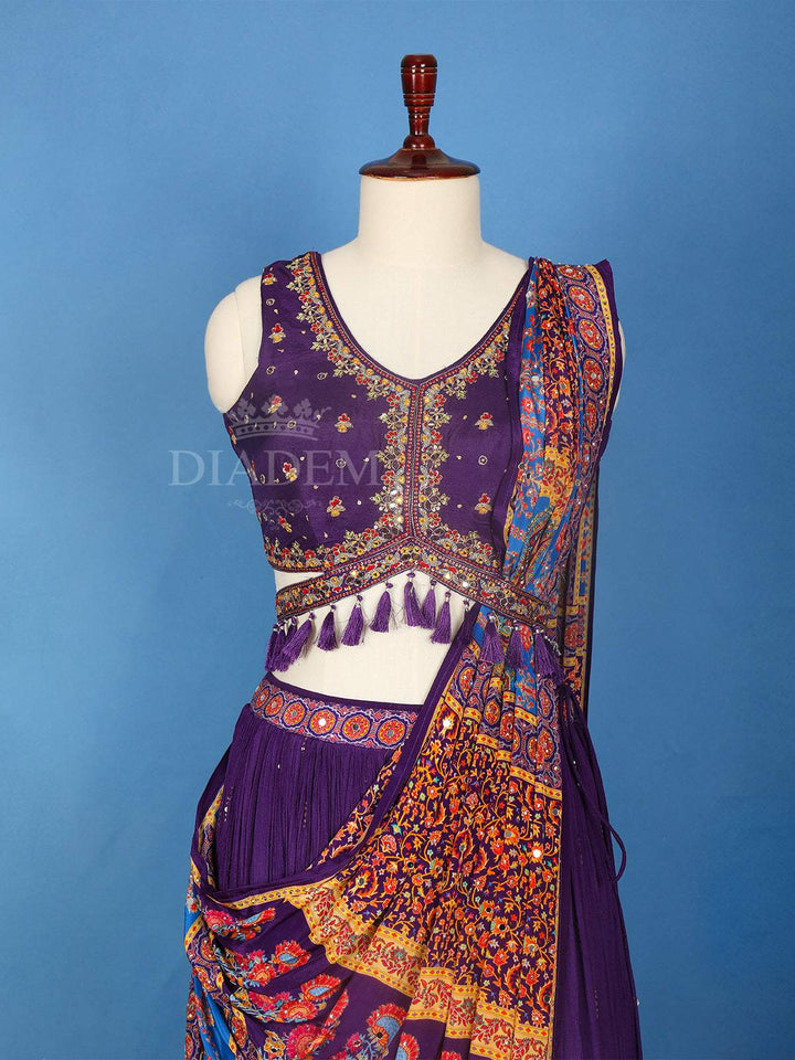 Purple Floral Embroidery Georgette Indowestern Lehenga - Diadem