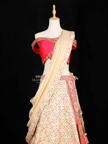 Beige Lehenga Adorned with Floral Prints with Contrast Off Shoulder and Dupatta - Diadem