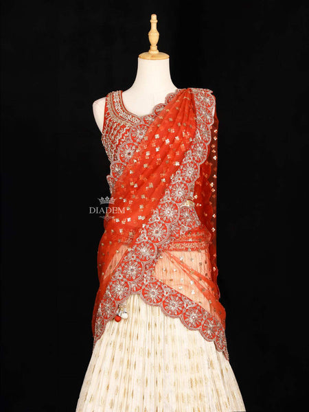 Ivory Lehenga Adorned with Floral Sequin Embroidery Designs with Net Dupatta - Diadem