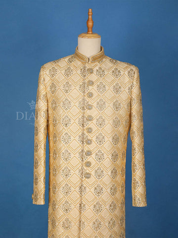 Beige Floral Designed Sherwani Suit - Diadem