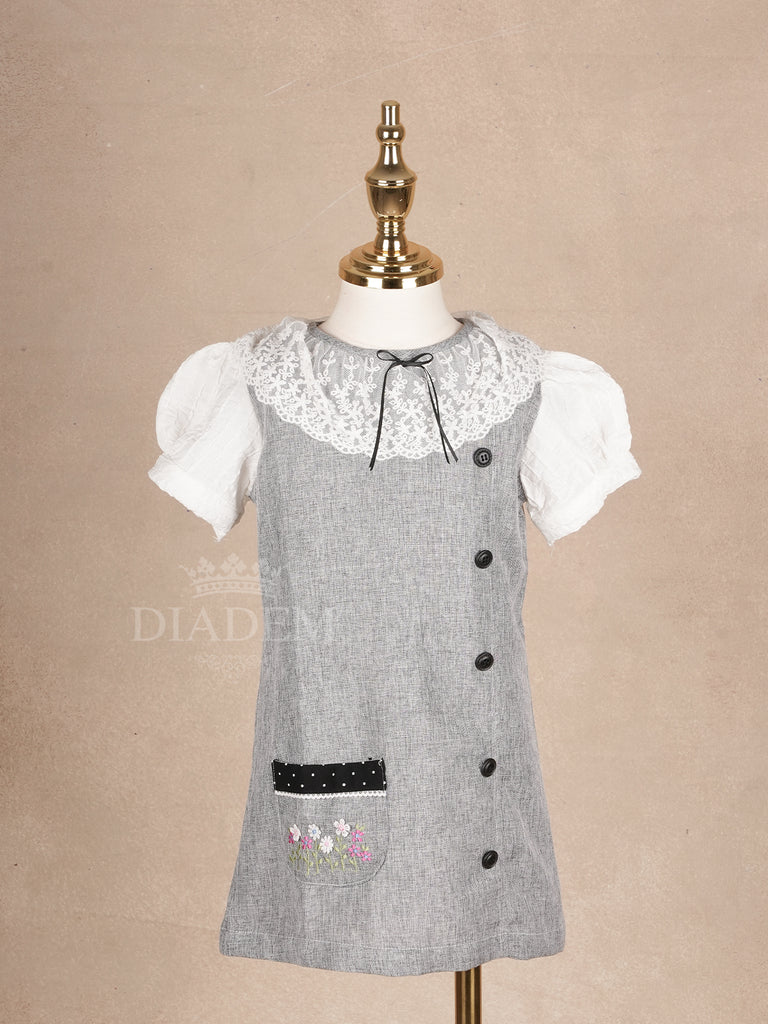 Grey Cotton Frock Adorned with Black Buttons and Peter Pan Collar for Girls