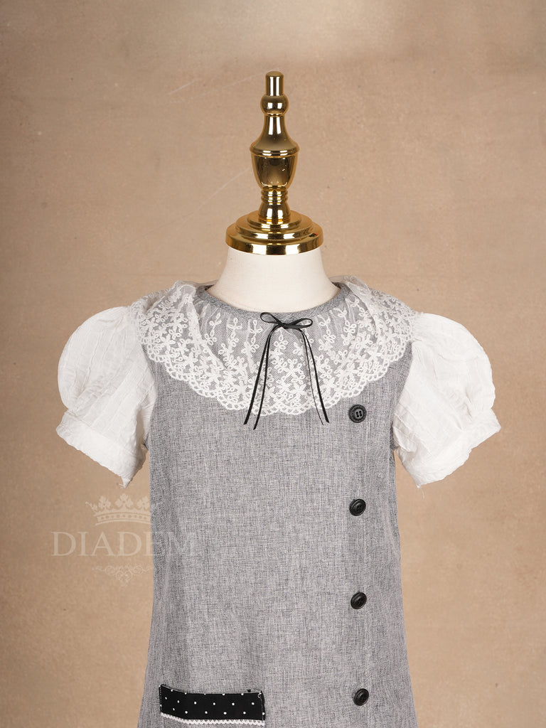 Grey Cotton Frock Adorned with Black Buttons and Peter Pan Collar for Girls