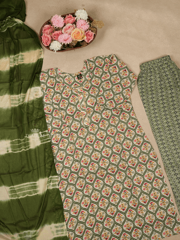 Green Cotton Salwar Suits Embellished with Printed Flower and Geometric Design with Dupatta - Diadem