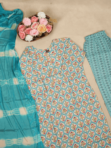 Blue Cotton Salwar Suits Embellished with Prints and Geometric Design with Dupatta - Diadem