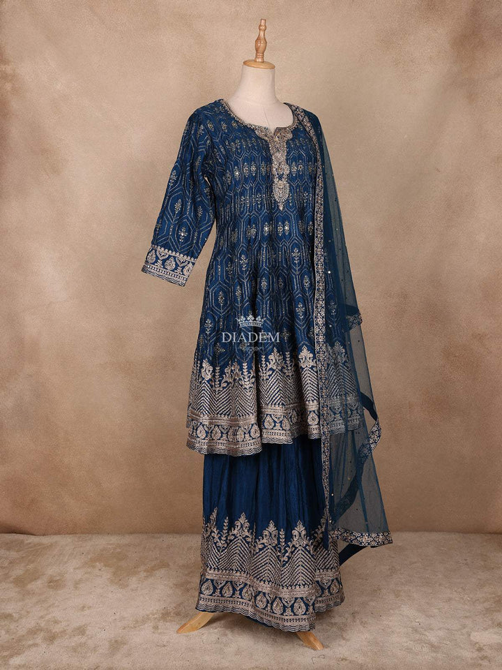 Navy Blue Geometric Embroidery Crepe Palazzo Suit - Diadem