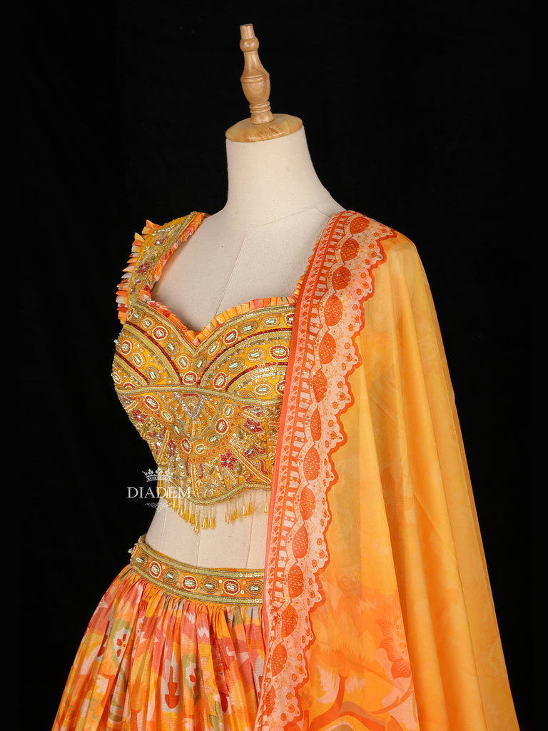 Yellow Floral Printed Georgette Lehenga