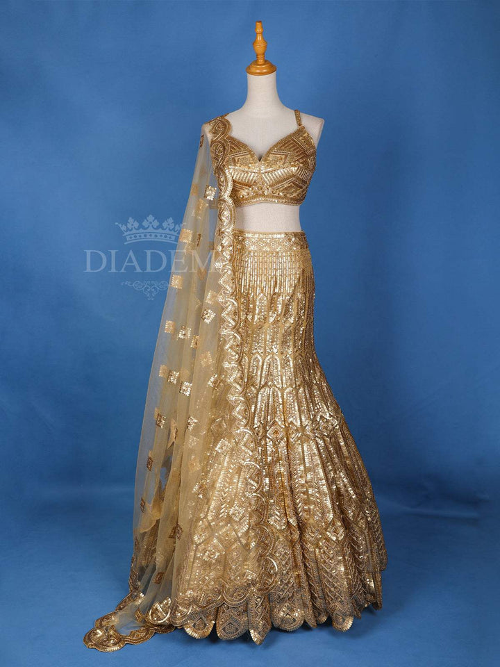 Gold Sequin Embroidered Mermaid Wedding Bridal Lehenga - Diadem