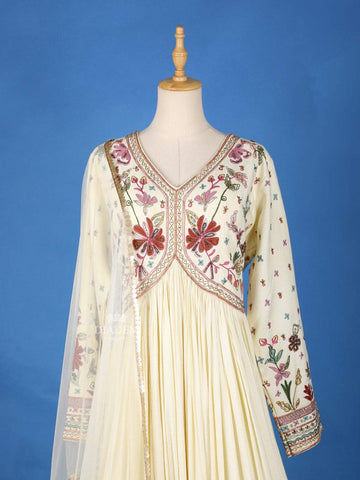 Cream Floral Embroidery Gown and Net Dupatta - Diadem