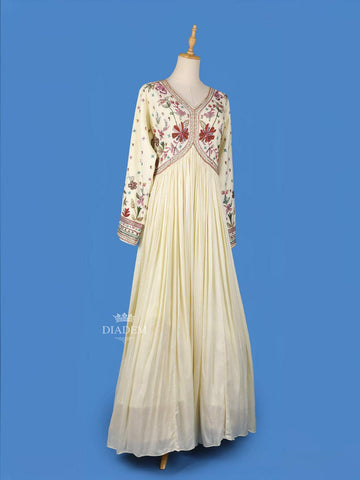 Cream Floral Embroidery Gown and Net Dupatta - Diadem
