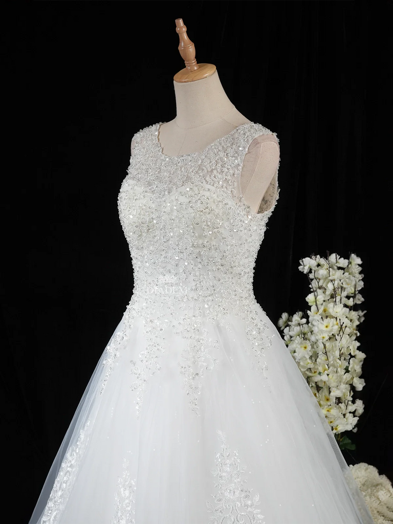 Gown in White Net with Sequins, Embroidery