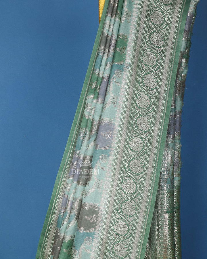 Green with Silver Floral Designed Bridal Banarasi Silk Saree - Diadem