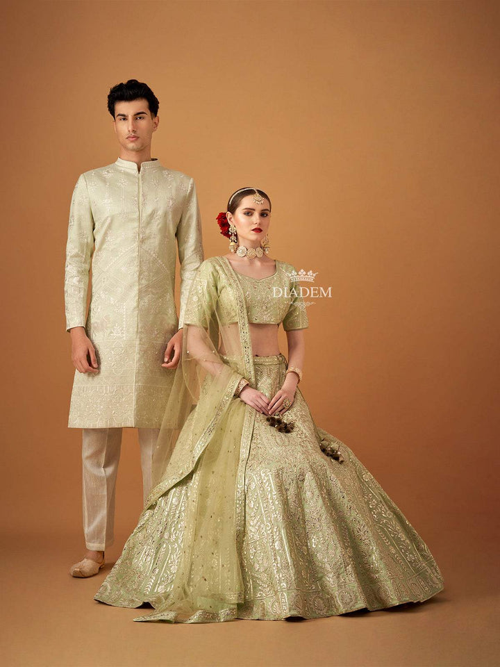 Green Couple Pair Set Dress Adorned with Floral Embroidery Design Lehenga and Sherwani - Diadem