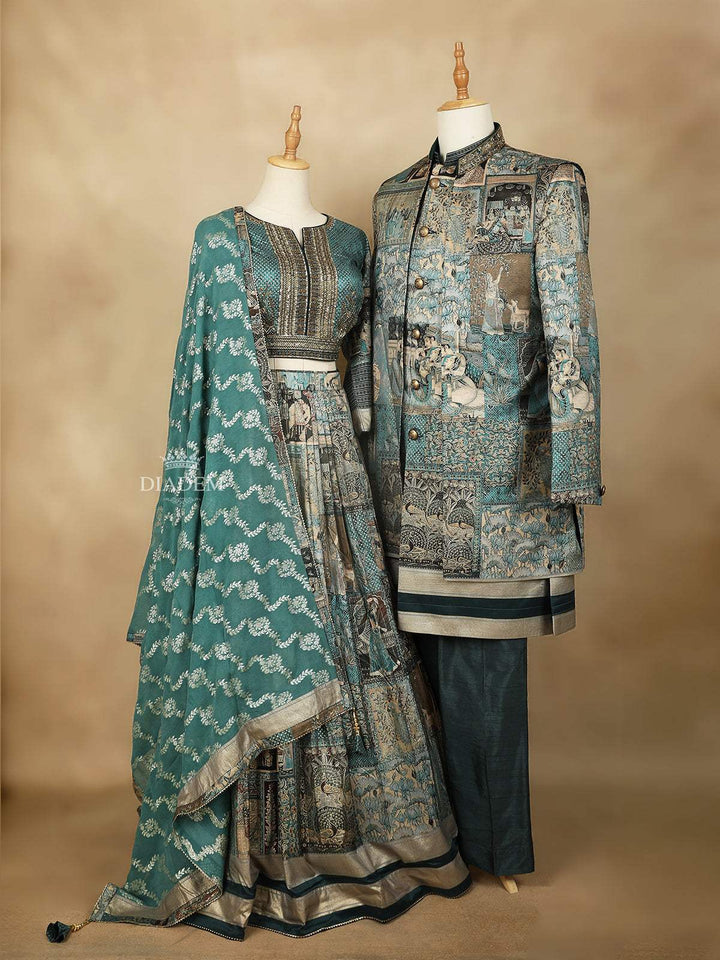 Green Couple Pair Set Dress Adorned with Floral and Human Figures Prints Gown and Sherwani - Diadem