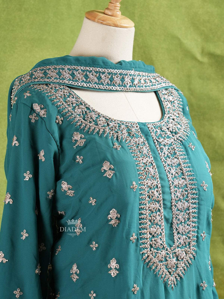 Green Palazzo Suit Adorned with Floral Embroidery, With Dupatta and 3/4 Sleeve - Diadem