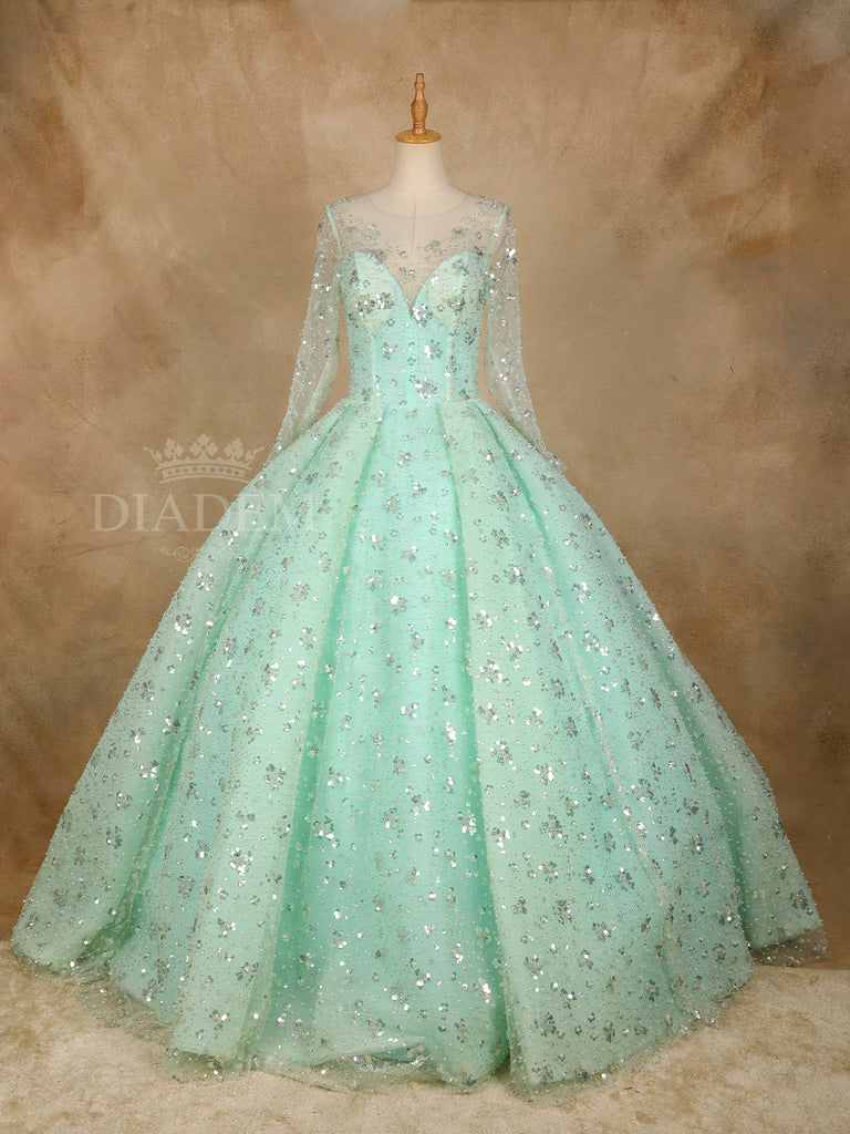 Green Floral Sequin Ball Gown