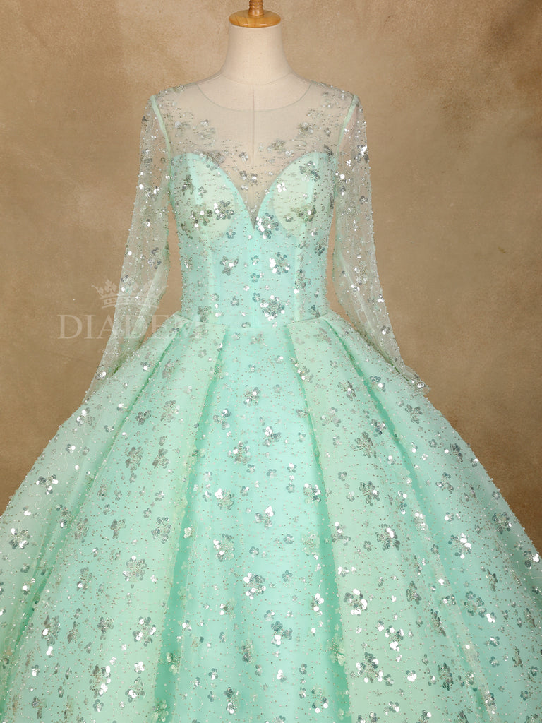 Green Floral Sequin Ball Gowns