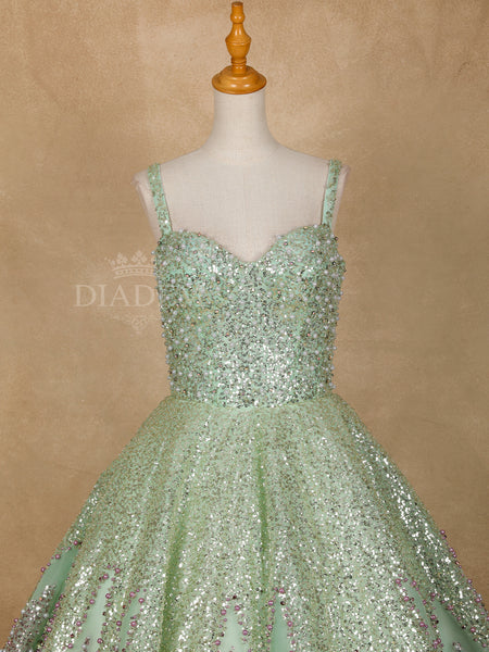 Green Floral Sequin Net Gown