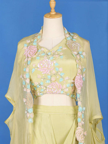 Mint Green Lehenga Embellished with Floral Embroidery Designs Paired with Overcoat - Diadem