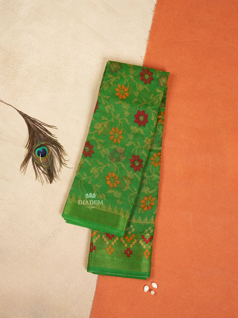 Green Floral Design Linen Cotton Saree