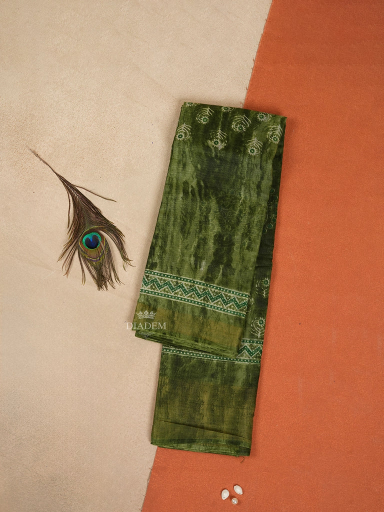 Green Linen Cotton Saree With Leaf Motifs