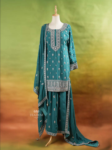 Green Palazzo Suit Adorned with Floral Embroidery, With Dupatta and 3/4 Sleeve - Diadem