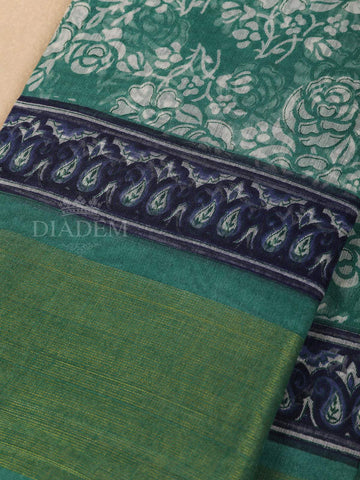 Green Cotton Saree With Floral Patterns On the Body with Matching Border - Diadem