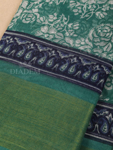 Green Cotton Saree With Floral Patterns On the Body with Matching Border - Diadem