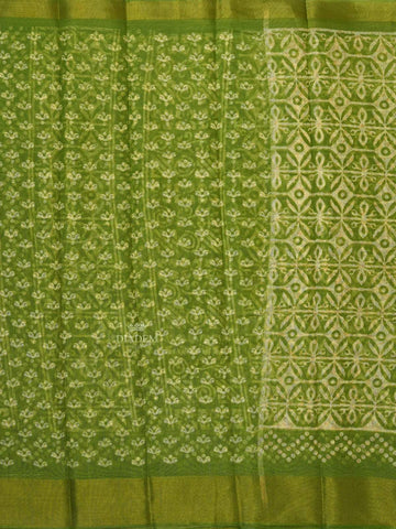 Green Linen Cotton Saree With Floral Patterns On the Body with Matching Border - Diadem