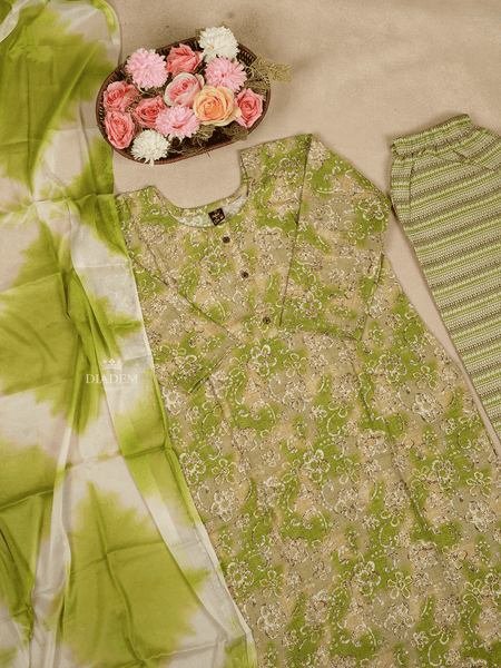 Green Straight Cut Salwar Suit Adorned with Floral Designs and Paired with Dupatta - Diadem