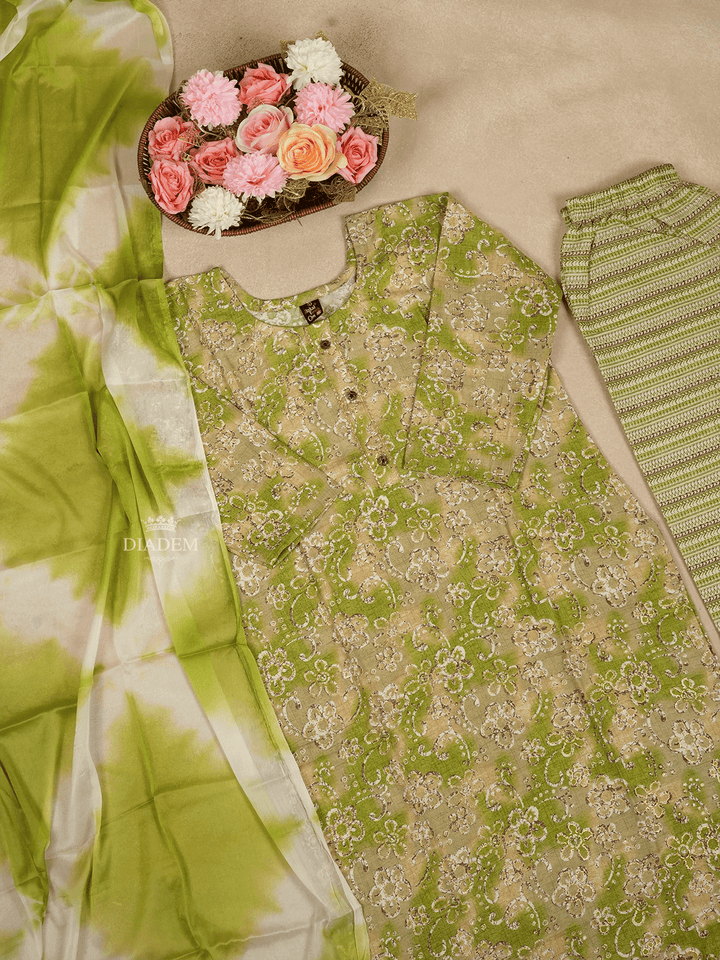 Green Straight Cut Salwar Suit Adorned with Floral Designs and Paired with Dupatta - Diadem