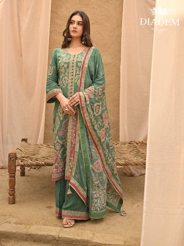 Emerald Green Floral Embroidered Crepe Palazzo Suit - Diadem