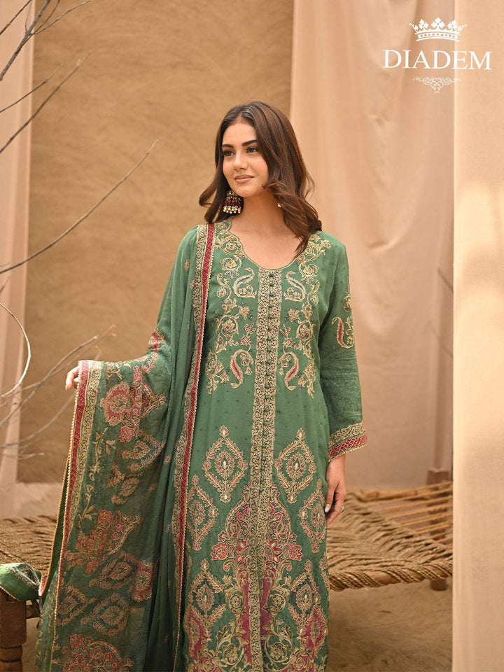 Emerald Green Floral Embroidered Crepe Palazzo Suit - Diadem