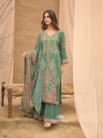 Emerald Green Floral Embroidered Crepe Palazzo Suit - Diadem