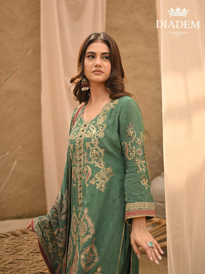 Emerald Green Floral Embroidered Crepe Palazzo Suit - Diadem