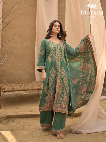 Emerald Green Floral Embroidered Crepe Palazzo Suit - Diadem