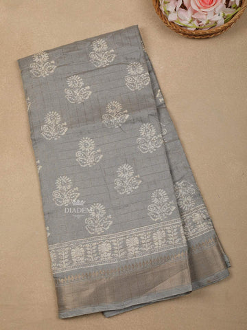 Grey Floral Designed Chanderi Silk Saree - Diadem