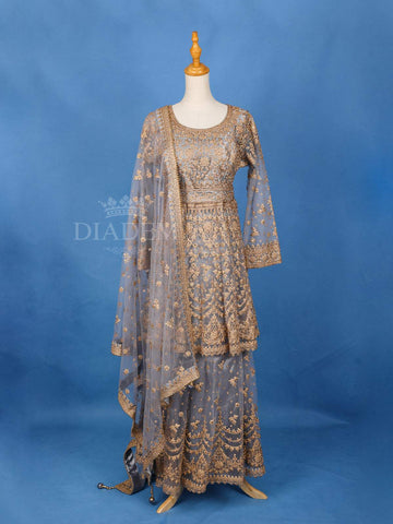 Grey Floral Designed Palazzo Salwar Suit for Girls - Diadem