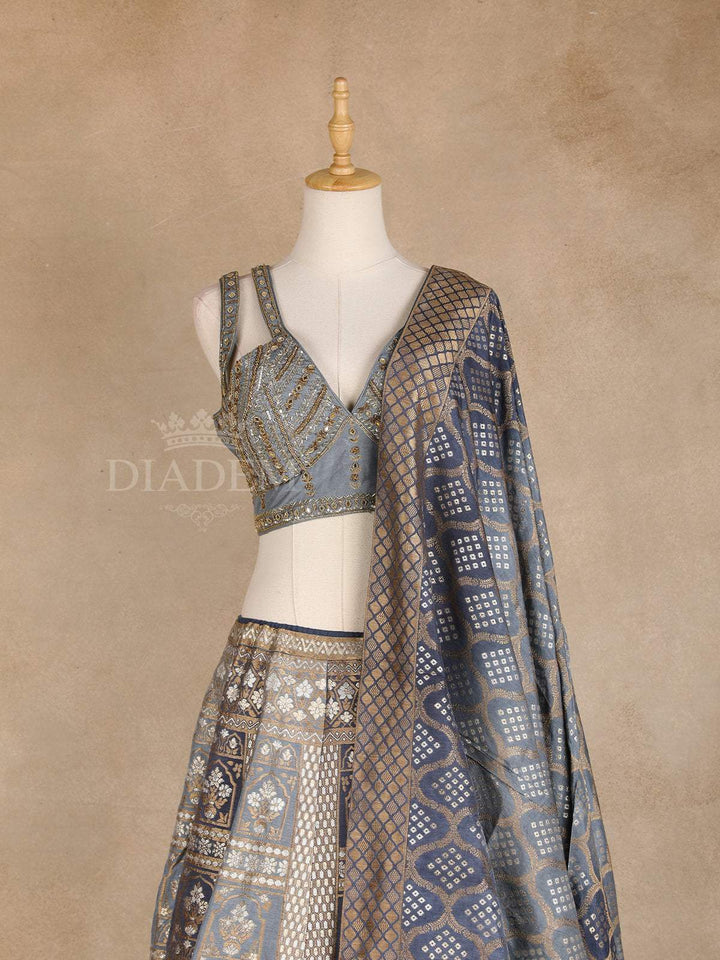 Blue Grey Lehenga Adorned with Floral Embroidery Designs with Sleeveless and Matching Dupatta - Diadem