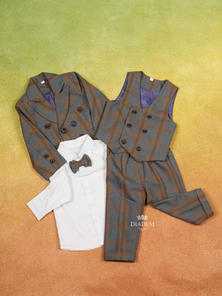 Grey Kids Coat Suit Adorned with Checks 