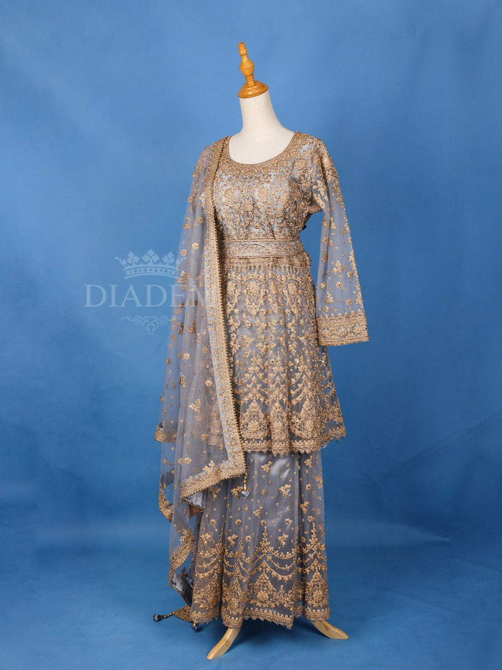 Grey Floral Designed Palazzo Salwar Suit for Girls - Diadem