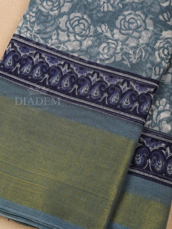 Grey Cotton Saree With Floral Patterns On the Body with Matching Border - Diadem