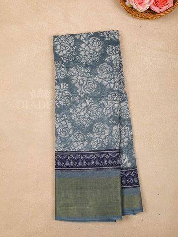 Grey Cotton Saree With Floral Patterns On the Body with Matching Border - Diadem