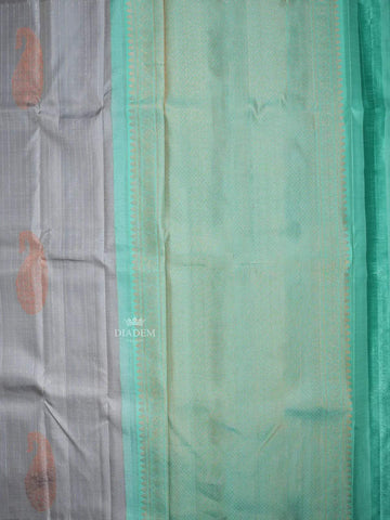 Grey Pure Kanchipuram Silk Saree with Vaira Oosi and Paisley Motif on the Body and Borderless - Diadem