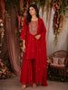 Red Floral Thread Embroidered Design Raw Silk Sharara Suit With Dupatta