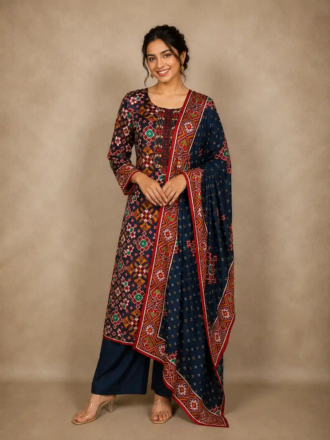 Navy Blue Multicolor Ikat Printed Crepe Salwar Suit with Dupatta
