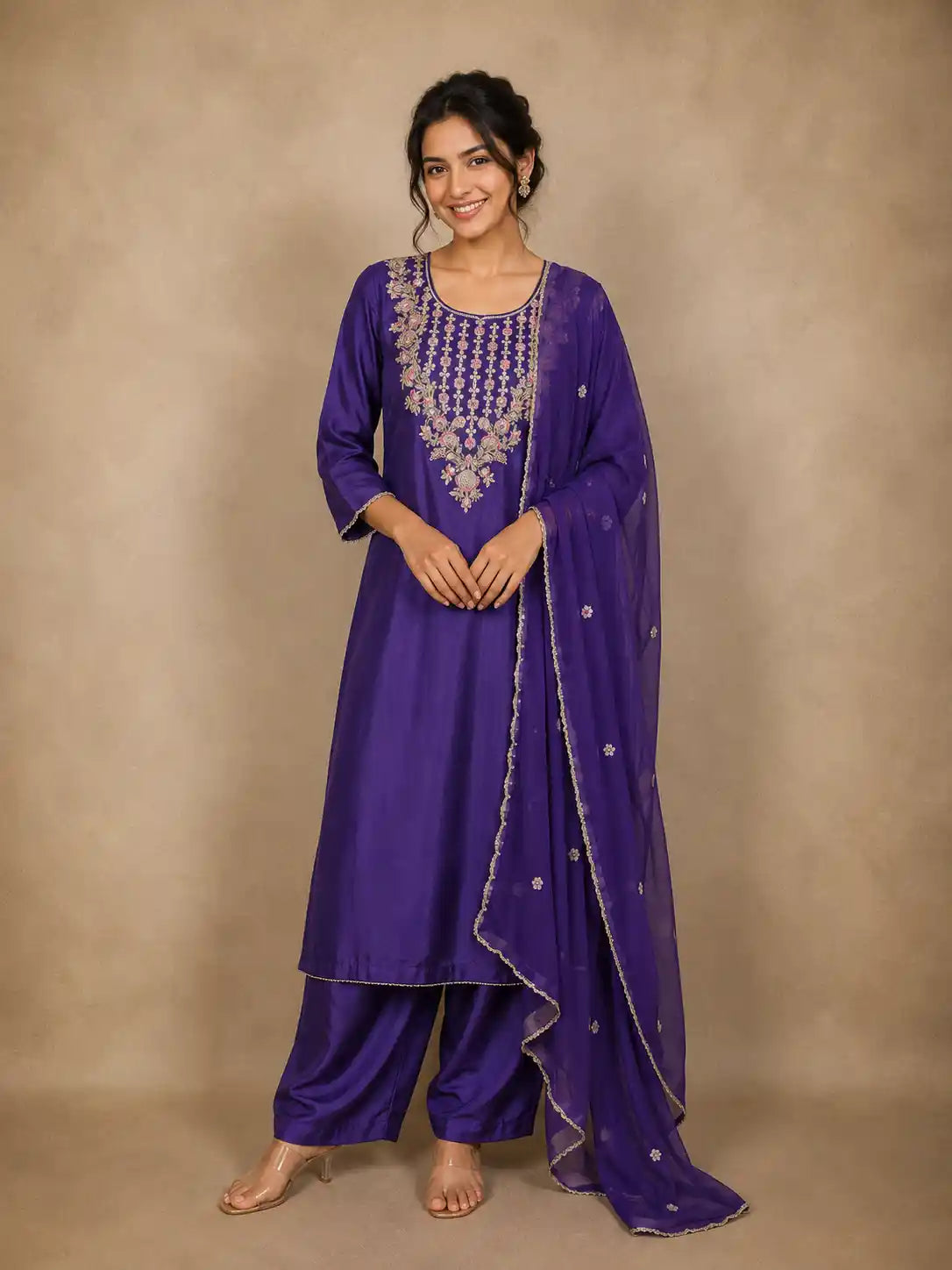 Purple Floral Thread Embroidered Cotton Salwar Suit with Dupatta