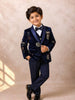 Navy Blue Coat Suit Embellished with Sequins and Floral Design Attached with Bow