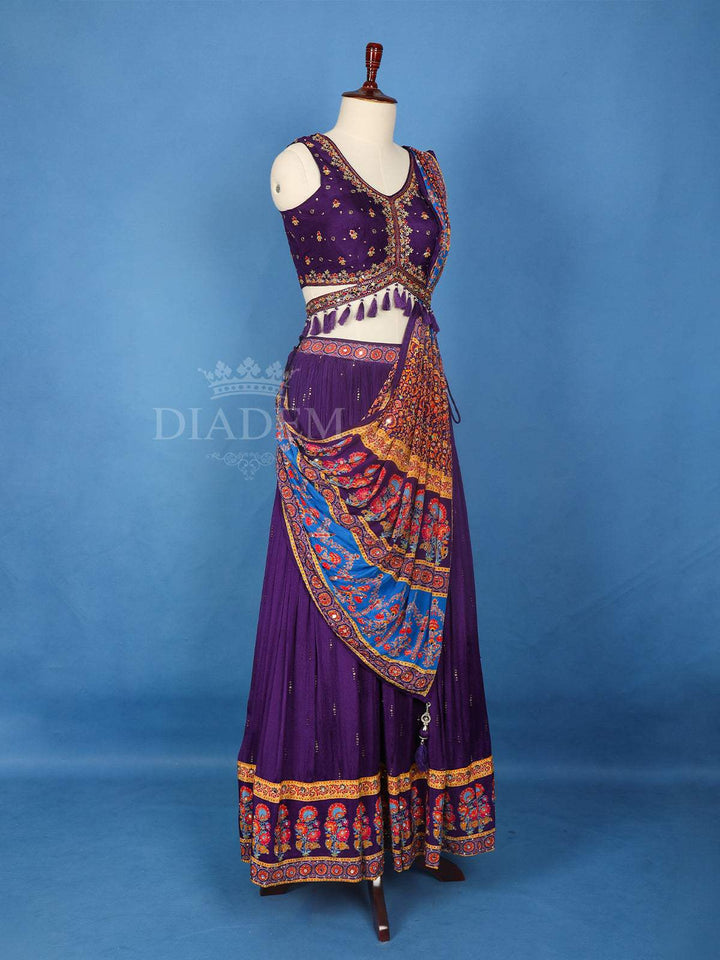 Purple Floral Embroidery Georgette Indowestern Lehenga - Diadem