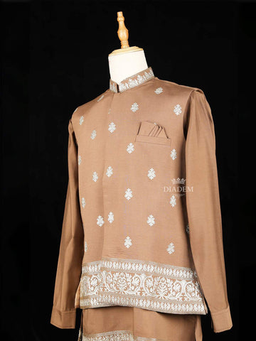 Brown Embroidery Indo-Western Sherwani Suit with Floral designs with Pant and Pocket Square - Diadem