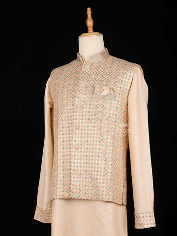 Peach Embroidery Indo-Western Sherwani Suit, with Pant and Pocket Square - Diadem